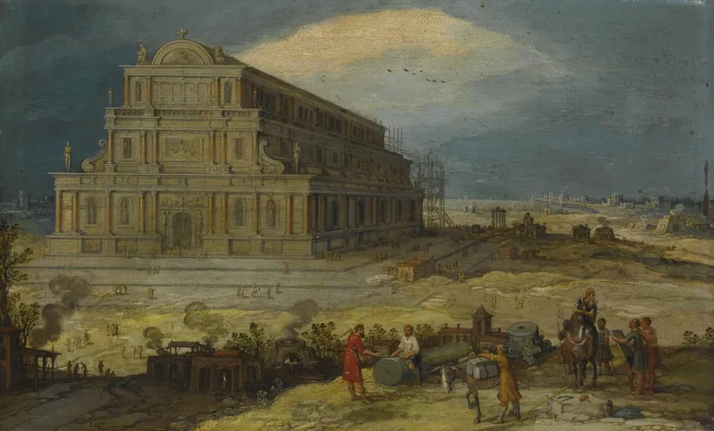 Hendrik van Cleve III'ün Artemis Tapınağı'nın inşasını canlandıran eski yağlı boya tablosu