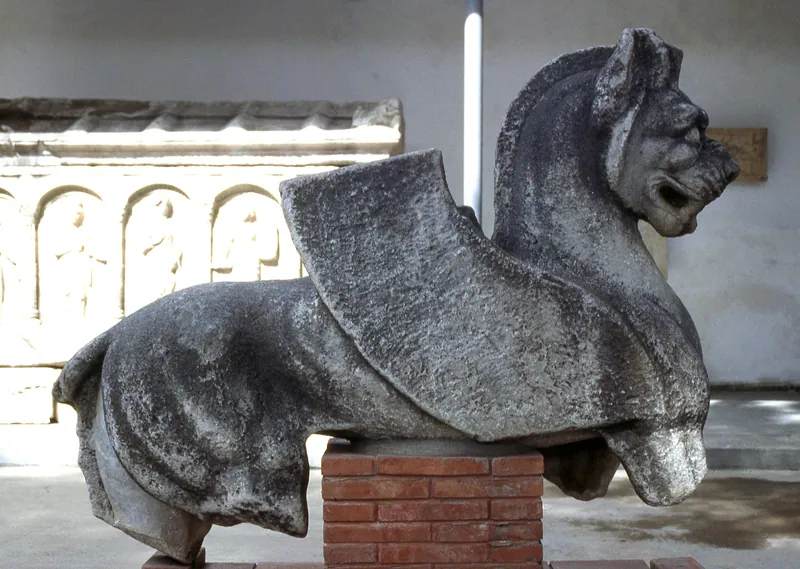 Winged lion sculpture from the mausoleum, in a museum display